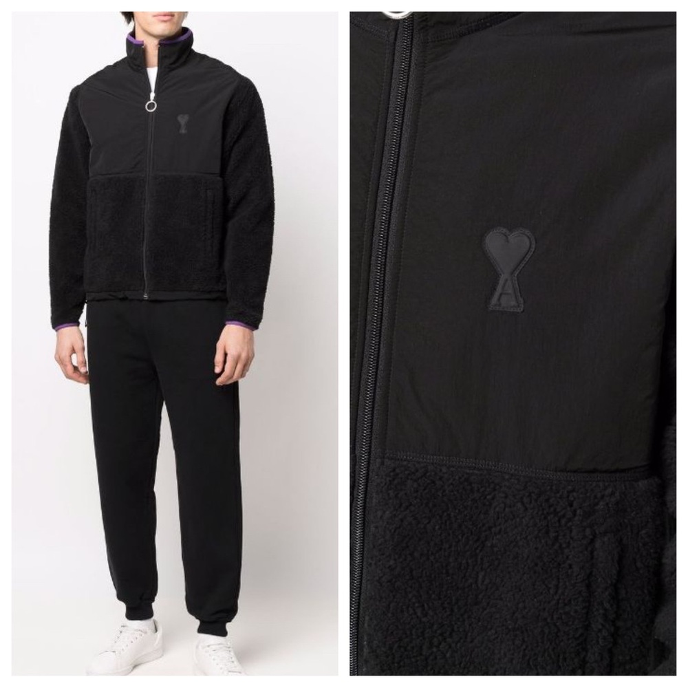 Ami Sherpa Logo Ami De Coeur Zipped Jacket in Black